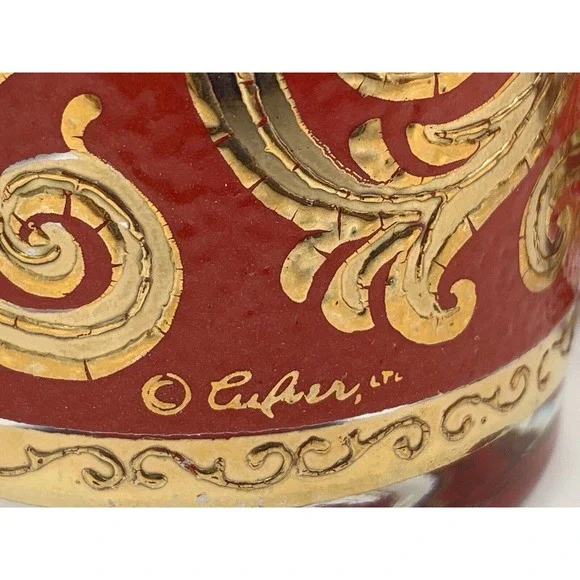 Culver ltd MCM Red 22K Gold Swirl Set of 6 Leaf Scroll Baroque High Ball Glasses - Picture 3 of 16